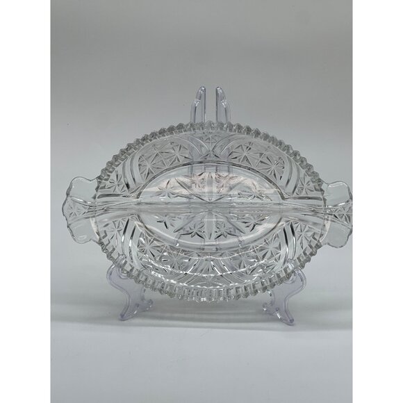 Vintage Anchor Hocking Clear Glass 2 Part Divided Relish Dish Stars & Bars - Picture 4 of 6